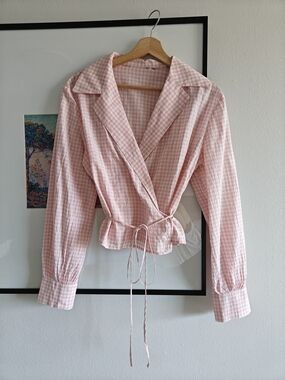 &Otherstories Seersucker Pink Gingham Wrap Blouse with Waist Tie